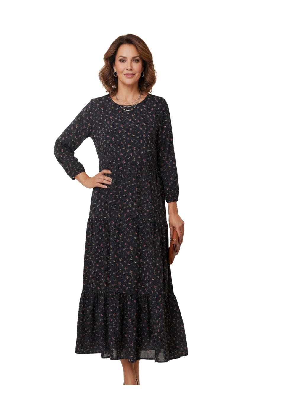 Black Floral Long-Sleeve Tiered Maxi Dress